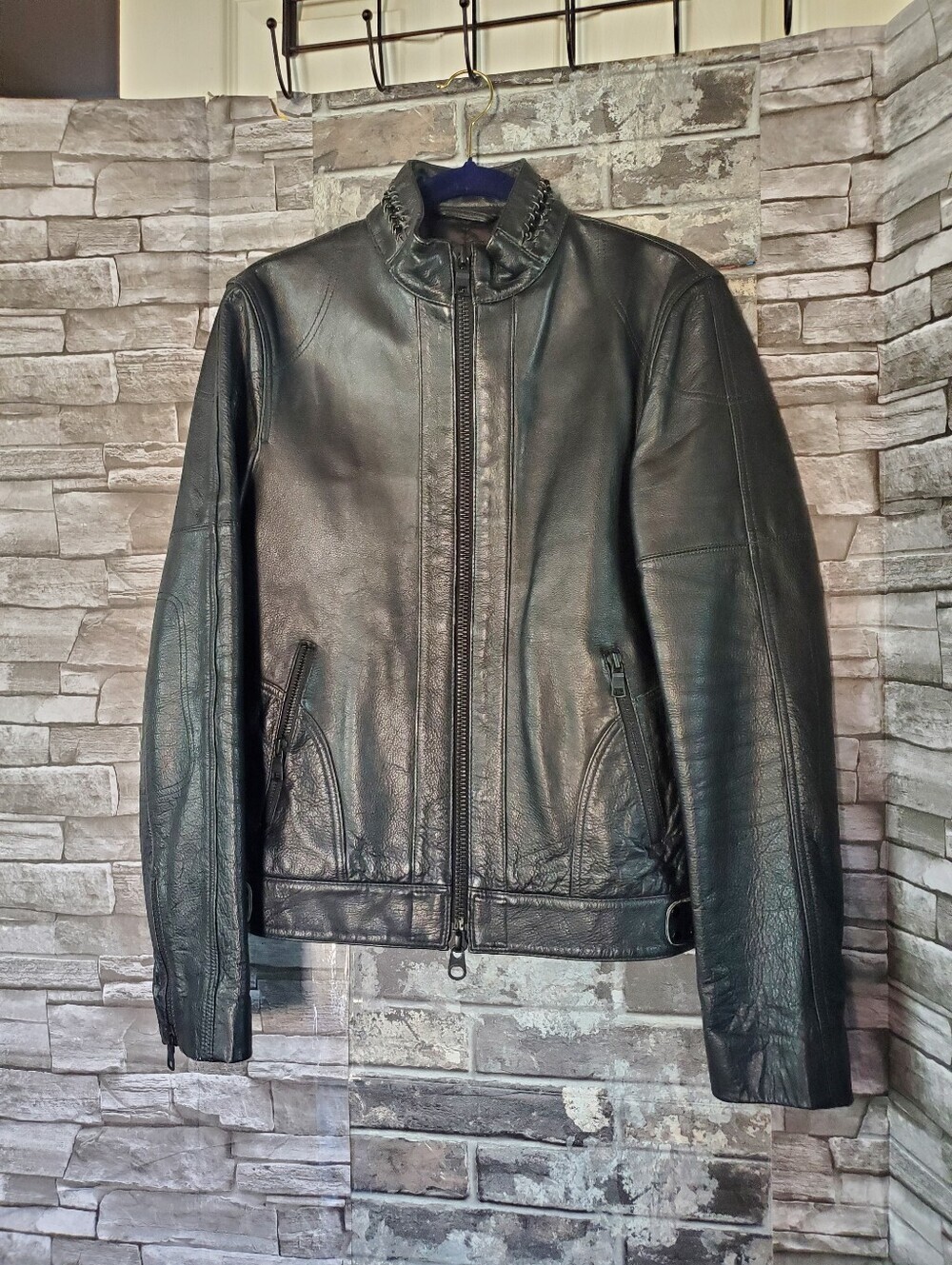 Armani Exchange Black Leather Jacket Motorcycle Rock Braided Detail Full Zip Sm